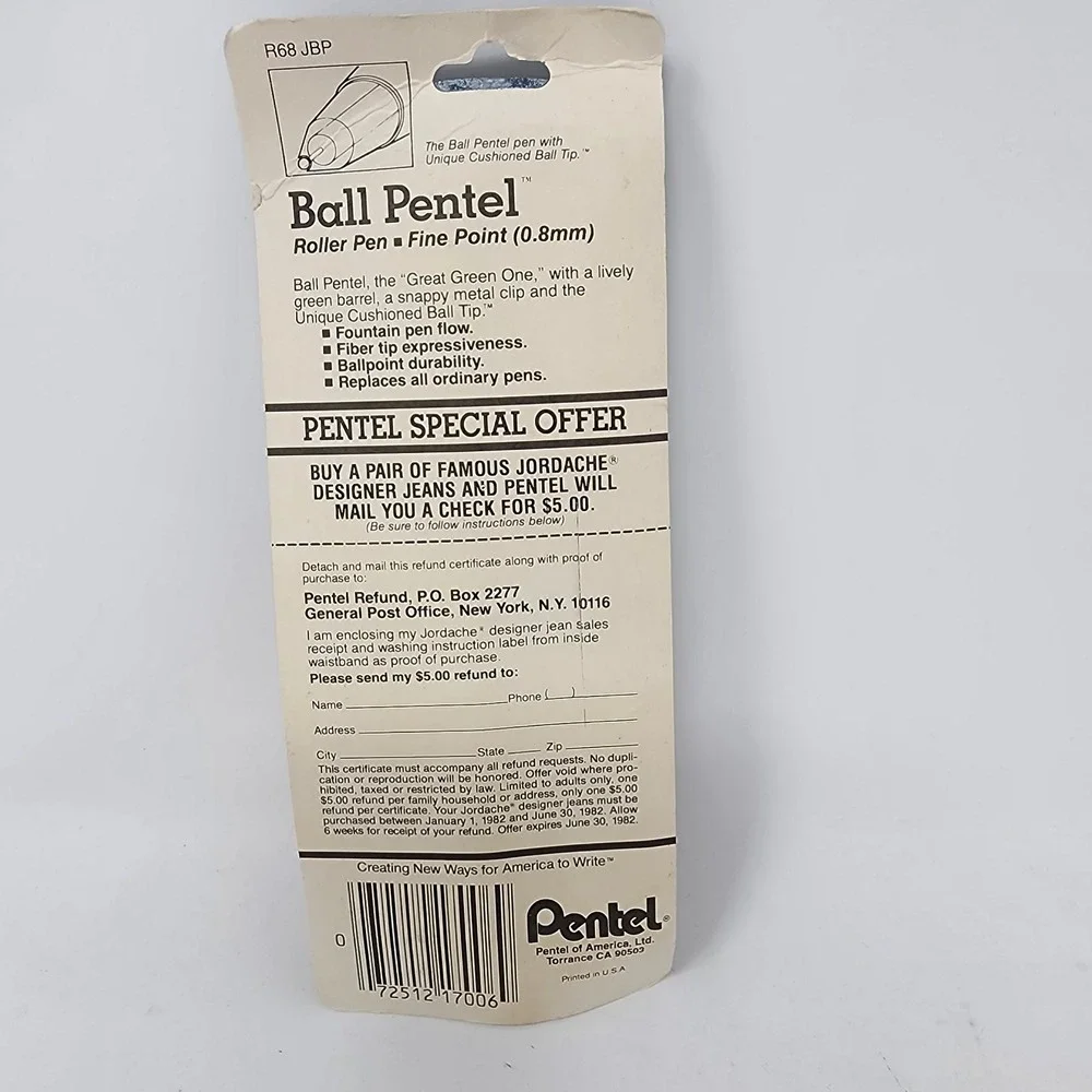 Vtg 80s 2‎ NOS PENTEL Black Ink 0.8mm R68 JBP Ball Rolling Pen Jordache Collab